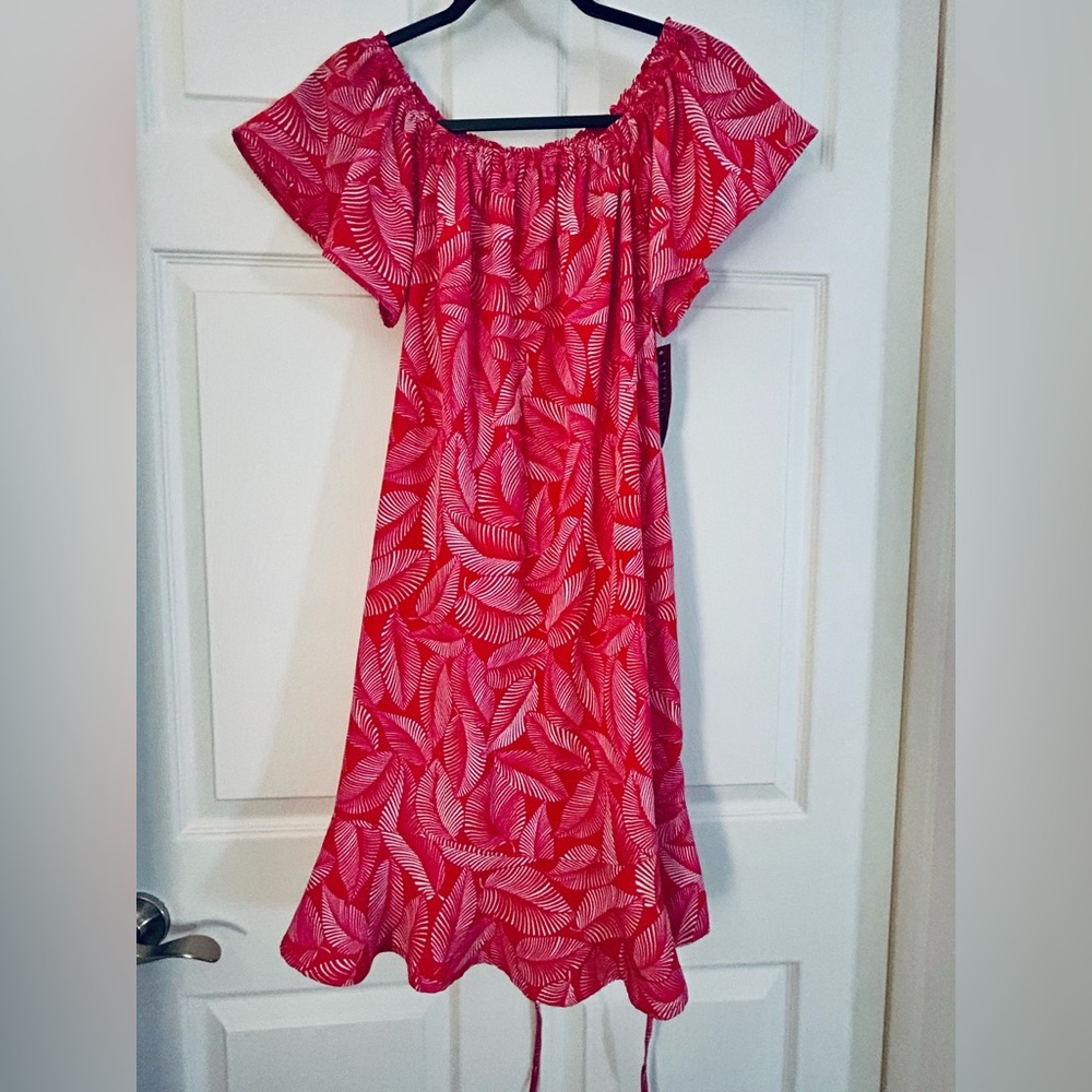 NWT Bright Pink, Red & White Ruffle Floral Print Flutter Sleeve Midi Dress Med